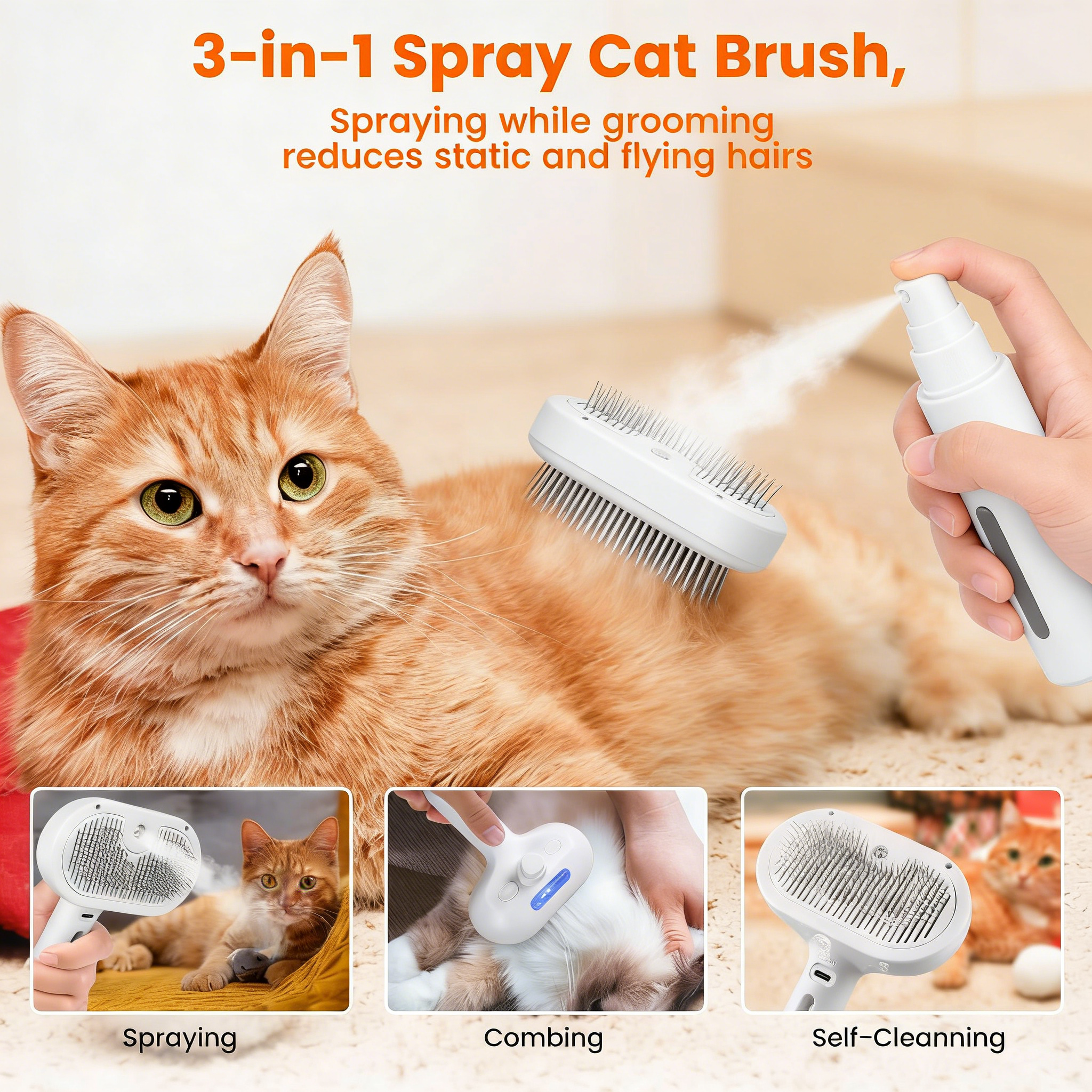 3 in 1 Cat Steam Brush, Pet Steam Brush for Cat Dog Long Short Haired